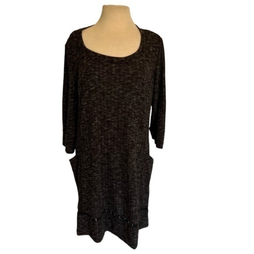 NWT Dressbarn Womens 2X  Gray Space Dye Knit Shift Dress 3/4 Sleeve Pockets‎ #73
